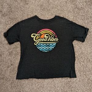 Modern Lux Good Vibes Colorful bright graphic tee shirt with raw hem edge